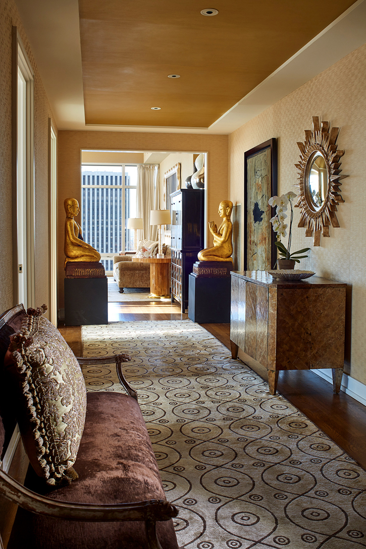 Gallery leading to main living area with custom silk carpet. 