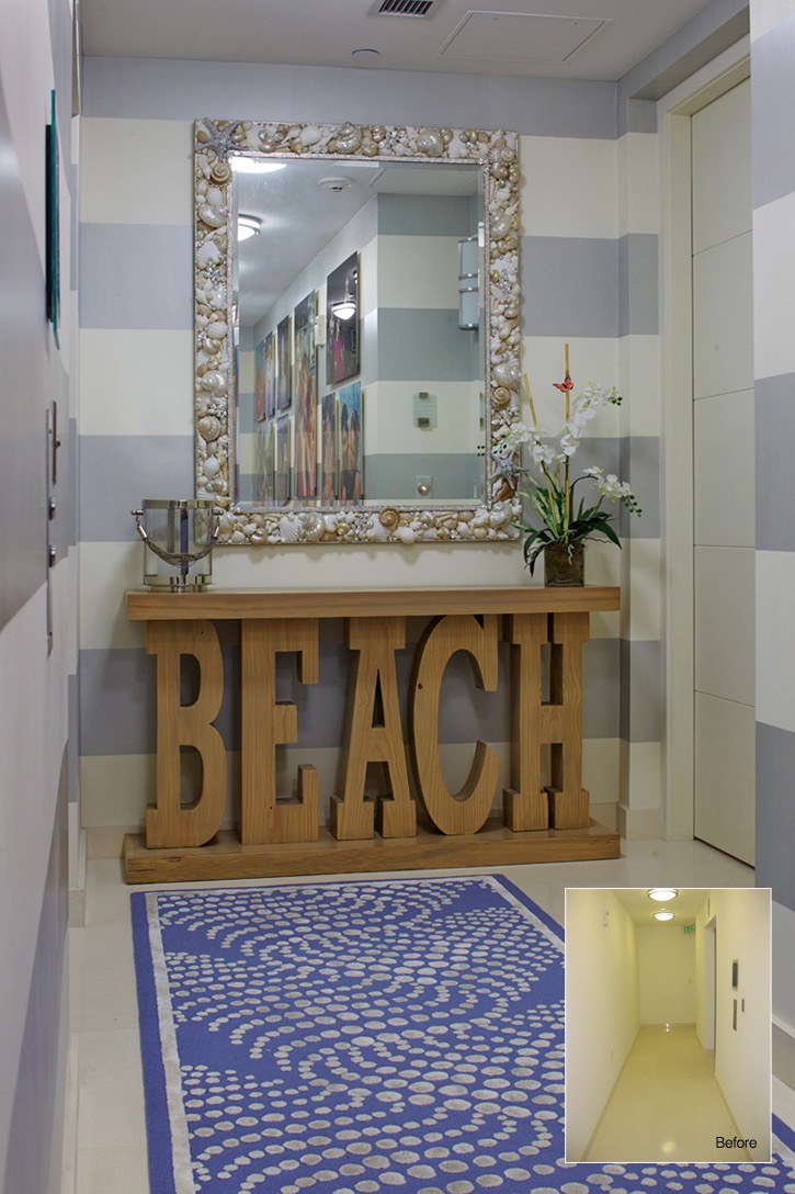 Entry hall from elevator to apartment. Beach console custom designed and fabricated by Beverly Ellsley Design.