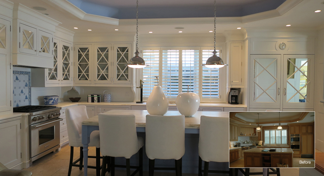 Space was rearranged for better storage and opened up to main living area. Mirrored doors conceal the refrigerator. 