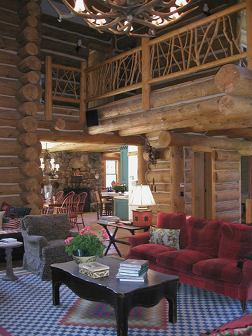 Living room with custom twig balcony. 